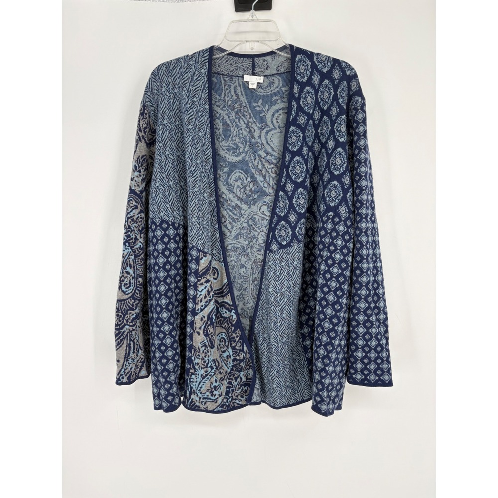 J. Jill Cardigan Women L Blue Mixed Print Paisley Geometric Cotton Open Front